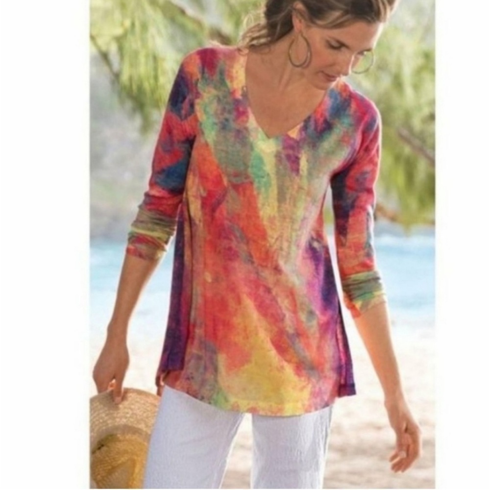 SOFT SURROUNDINGS, NWOT, VIBRANT, V-NECK SWEATER. LIGHTWEIGHT KNIT. SIZE XS